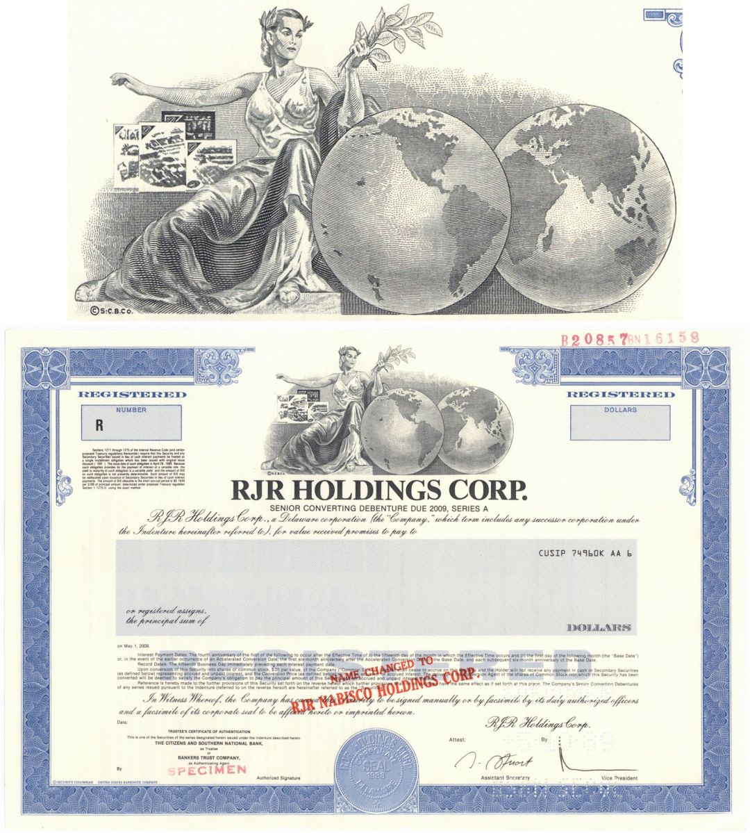 RJR Holdings Corporation - Famous Tobacco Company Specimen Bond dated 1989 - Merged with Nabisco Brands