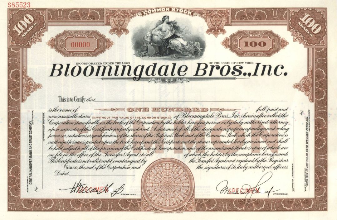 Bloomingdale Bros., Inc. -  Specimen Stock Certificate