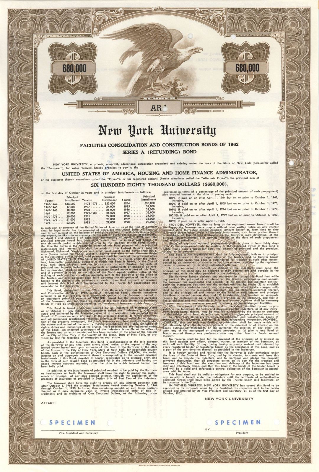 New York University -  $680,000 Specimen Bond