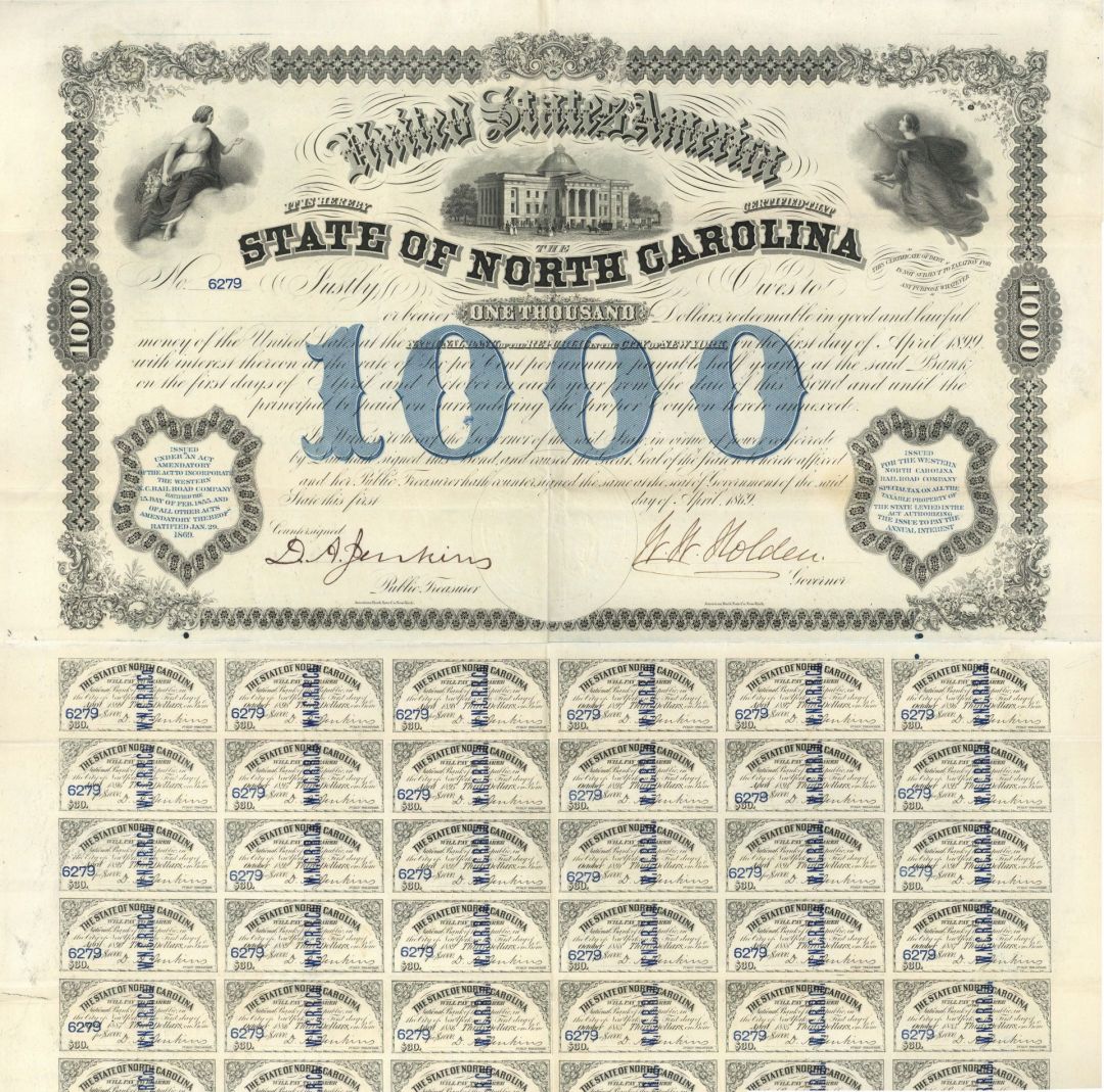 State of North Carolina 1869 $1,000 Bond signed by William Woods Holden (Uncanceled)