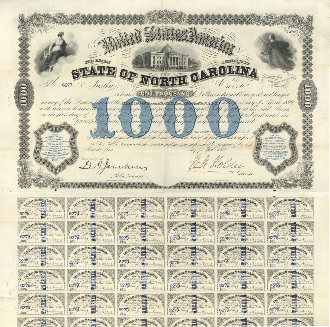 State of North Carolina 1869 dated $1,000 Bond signed by William Woods Holden (Uncanceled)