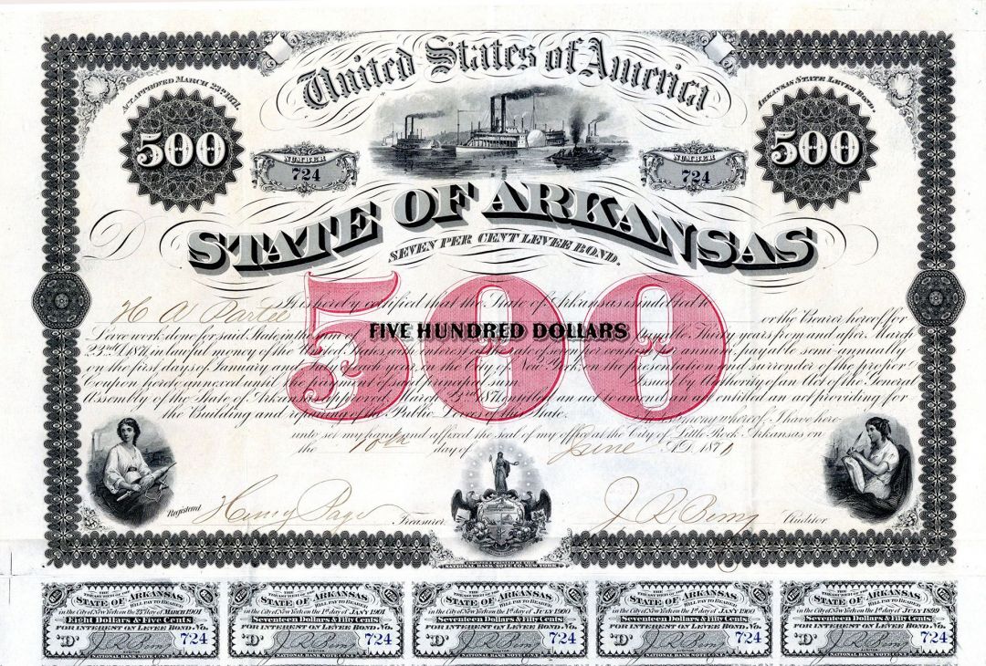 State of Arkansas - Little Rock, Arkansas - $500 7% Levee Bond (Uncanceled)