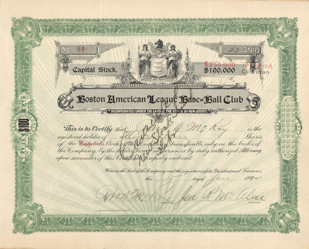 Boston American League Base=Ball Club - 1912 dated Stock Certificate