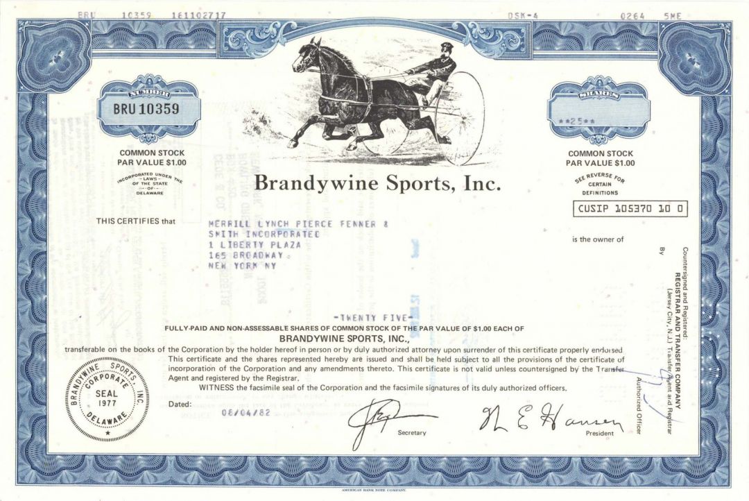 Brandywine Sports, Inc. - 1977-82 dated Horse Racing Stock Certificate