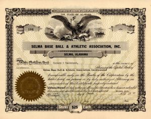 Selma Base Ball and Athletic Association, Inc. - d1927 dated Stock Certificate (Uncanceled)