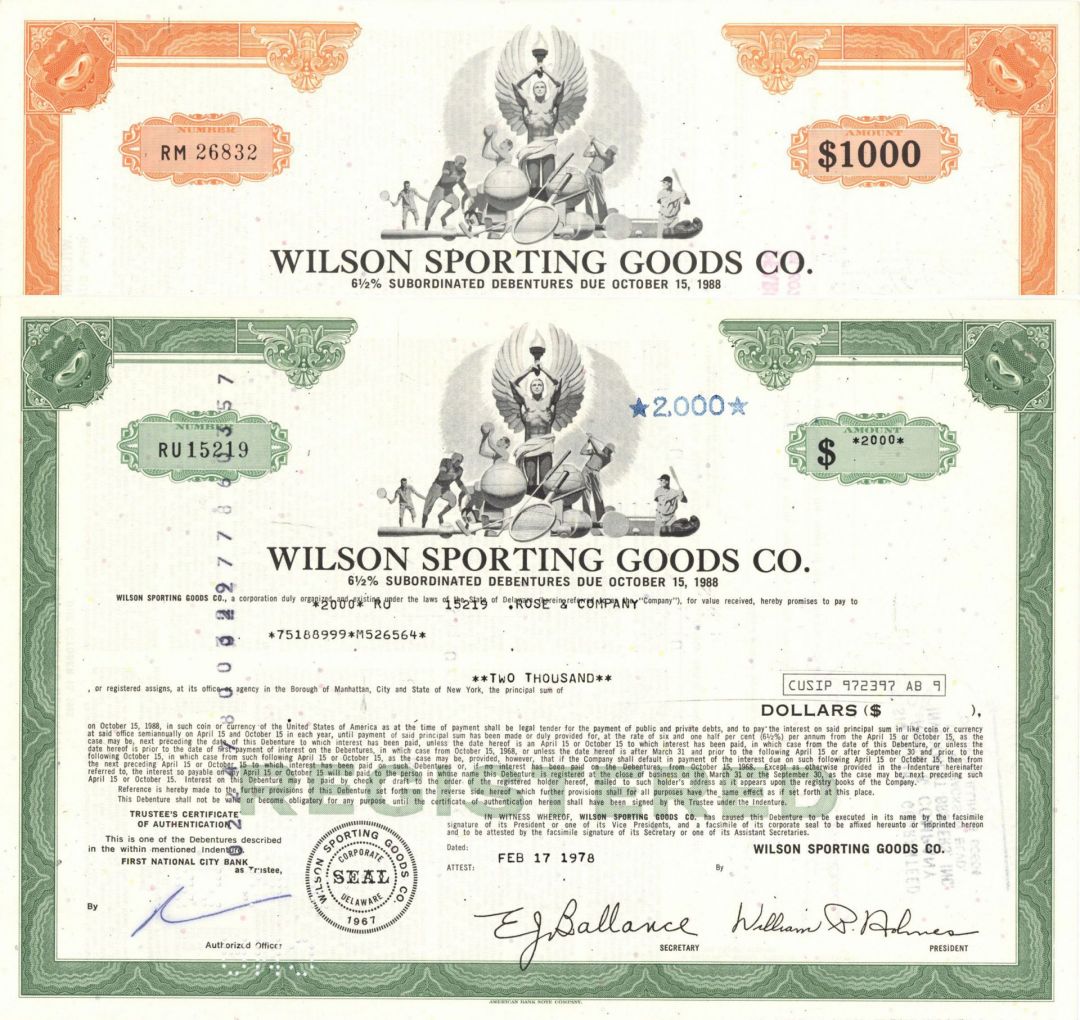 Pair of Wilson Sporting Goods Co. - Athletic Equipment Supplier - $2,000 and $1,000 Bond
