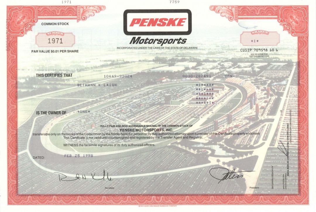 Penske Motorsports - 1998 dated Stock Certificate - International Speedway Corporation