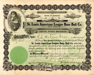St. Louis American League Base Ball Co. - 1907 Stock Certificate