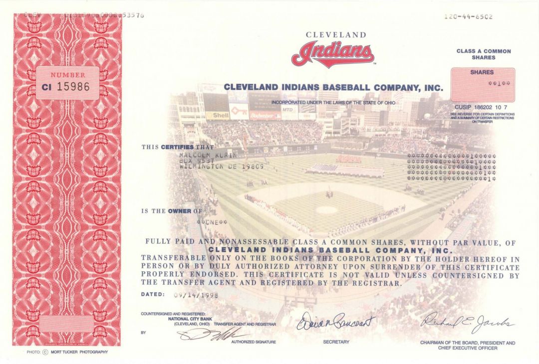 Cleveland Indians Baseball Co., Inc. - 1998 dated Major League Baseball Team Sport Stock Certificate - Now the Cleveland Guardians