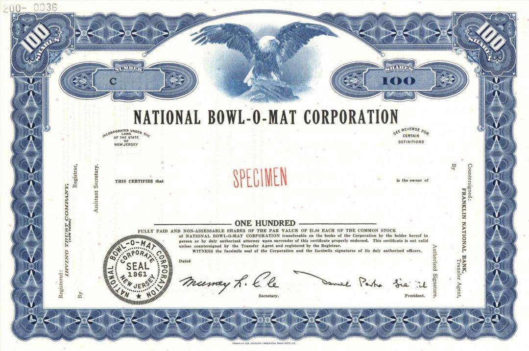 National Bowl-O-Mat Corp. - Specimen Stock Certificate