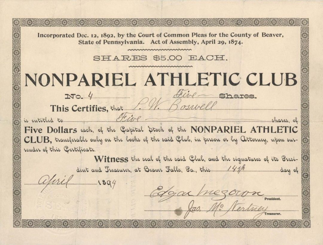 Nonpariel Athletic Club - Sports Stock Certificate