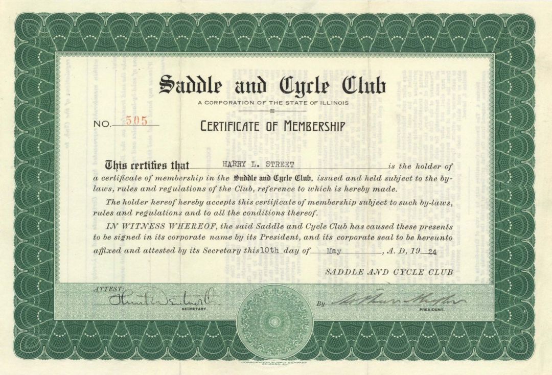 Saddle and Cycle Club - Sports Membership Certificate