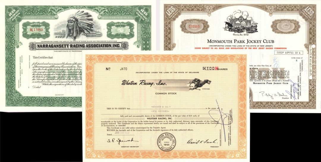 Horse and Dog Racing Set - 3 Stock Certificates - Group of Three Scripophily Items