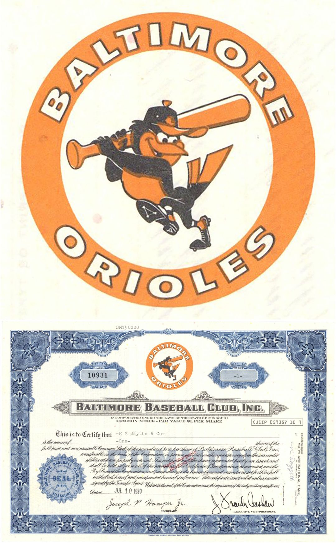 Baltimore Orioles Baseball Club, Inc. - 1980 dated Sports Stock Certificate