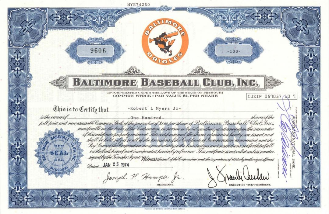 Orioles Baltimore Baseball Club, Inc. - Stock Certificate