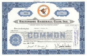 Orioles Baltimore Baseball Club, Inc. - 1974 or 1980 dated Sports Stock Certificate