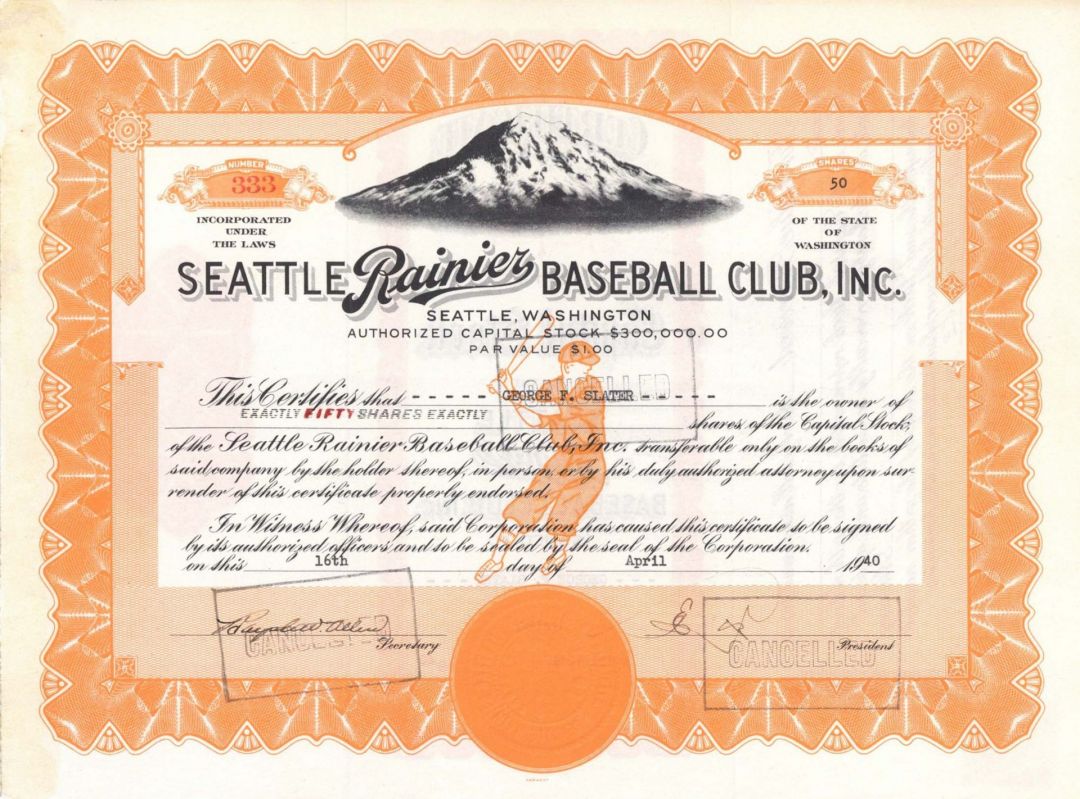 Seattle Rainier Baseball Club, Inc. - Stock Certificate