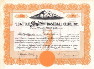 Seattle Rainier Baseball Club, Inc. - 1939 - 1941 dated Stock Certificate