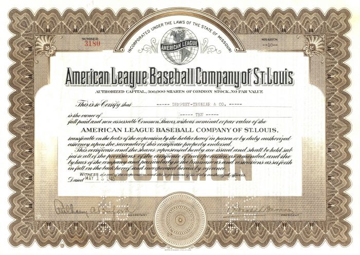 American League Baseball Co. of St. Louis - 1945 dated St. Louis Browns Stock Certificate