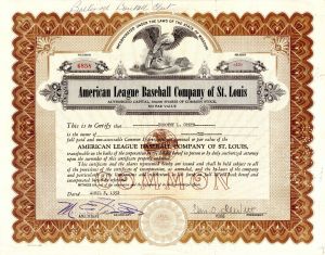 American League Baseball Co. of St. Louis - St. Louis Browns Stock Certificate