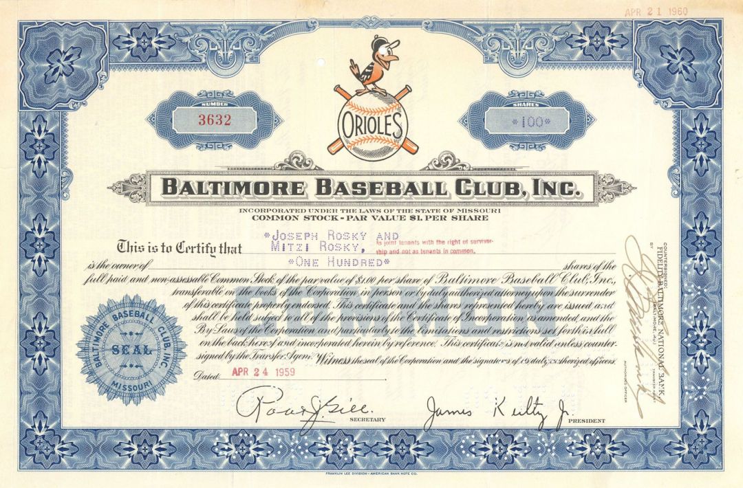 Baltimore Baseball Club, Inc. - Stock Certificate