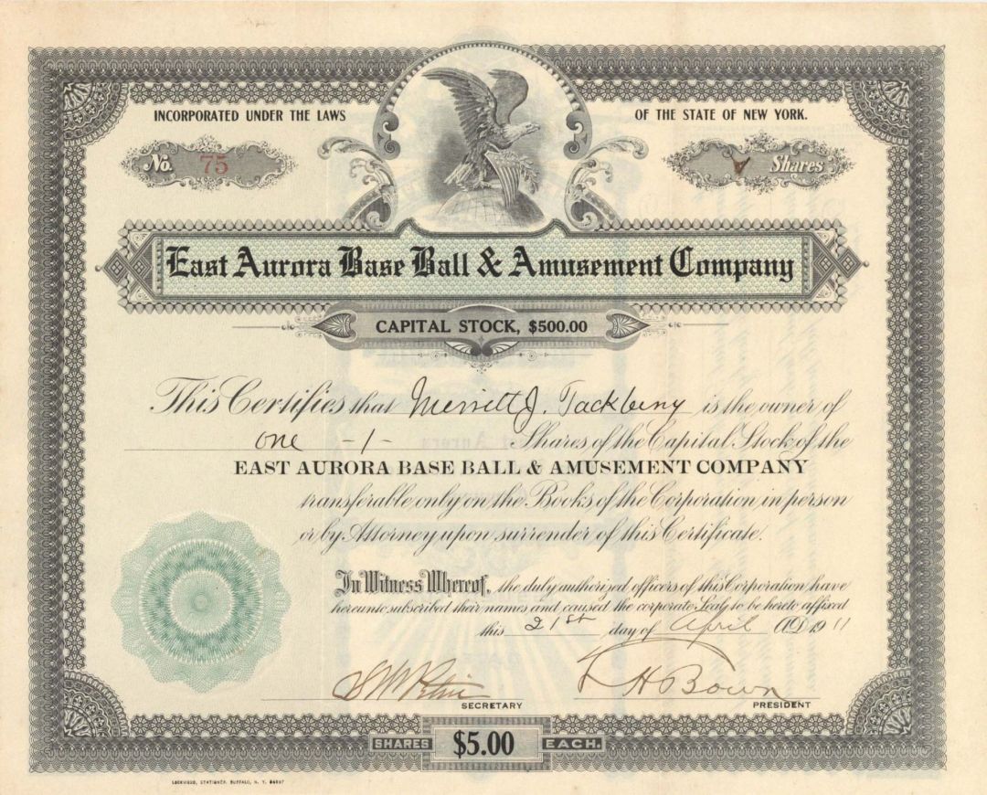 East Aurora Base Ball and Amusement Co. - Stock Certificate