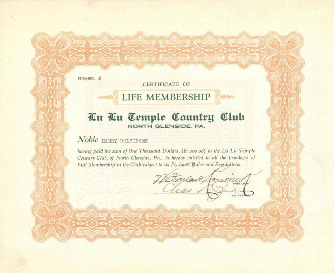 Lu Lu Temple Country Club - Sports Membership Certificate
