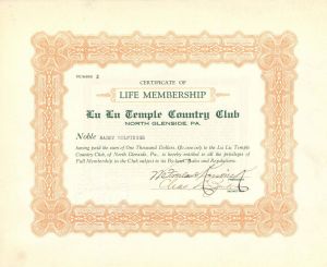 Lu Lu Temple Country Club - Sports Membership Certificate