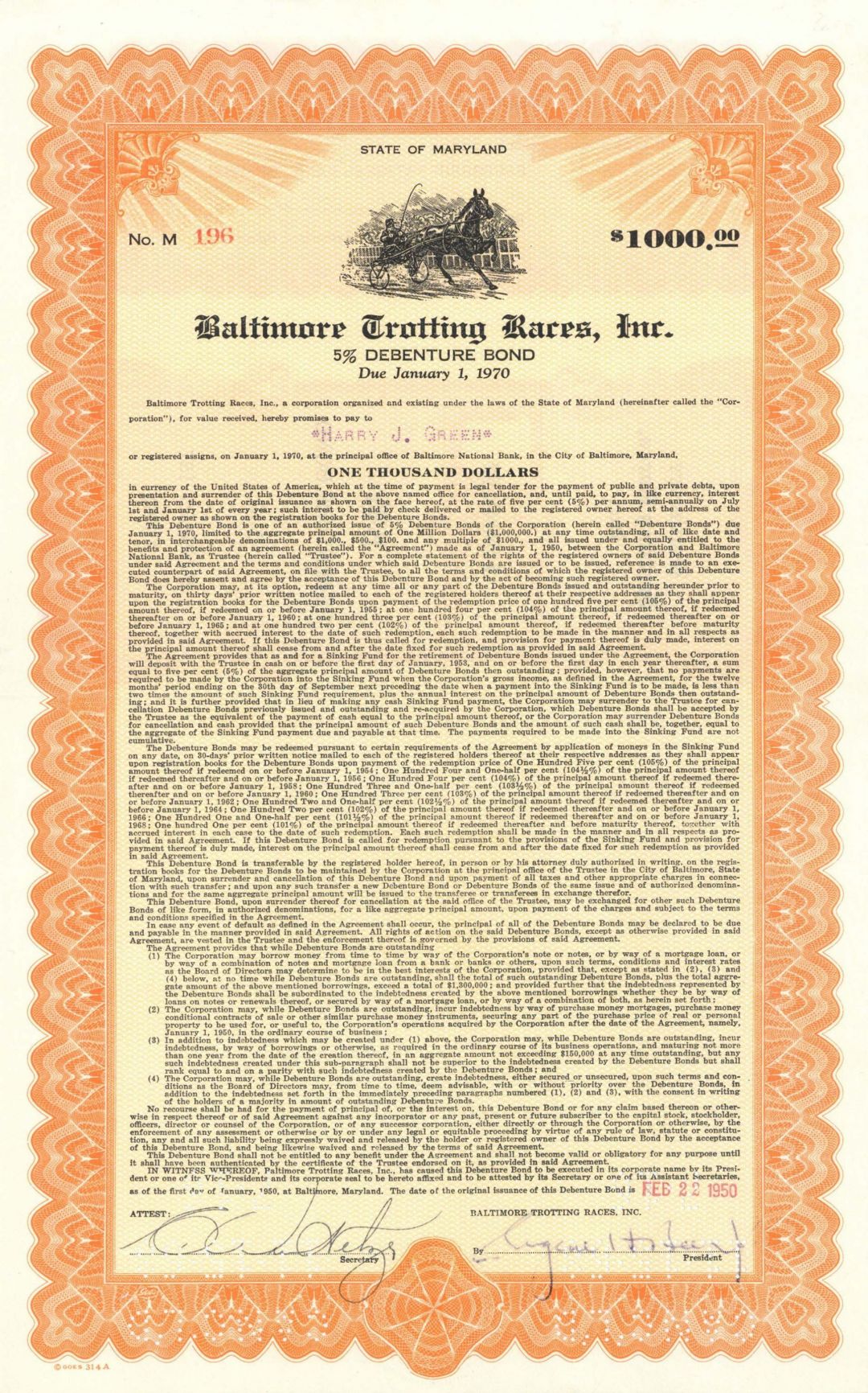 Baltimore Trotting Races, Inc. - 1950 dated $1,000 Horse Racing Bond