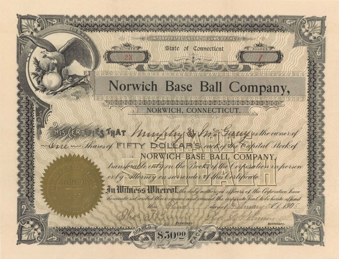 Norwich Base Ball Co. - Baseball Stock Certificate