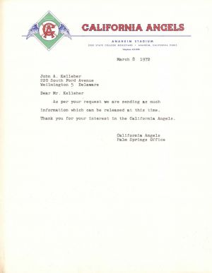 California Angels Letter - Major League Baseball Team Letterhead - Americana