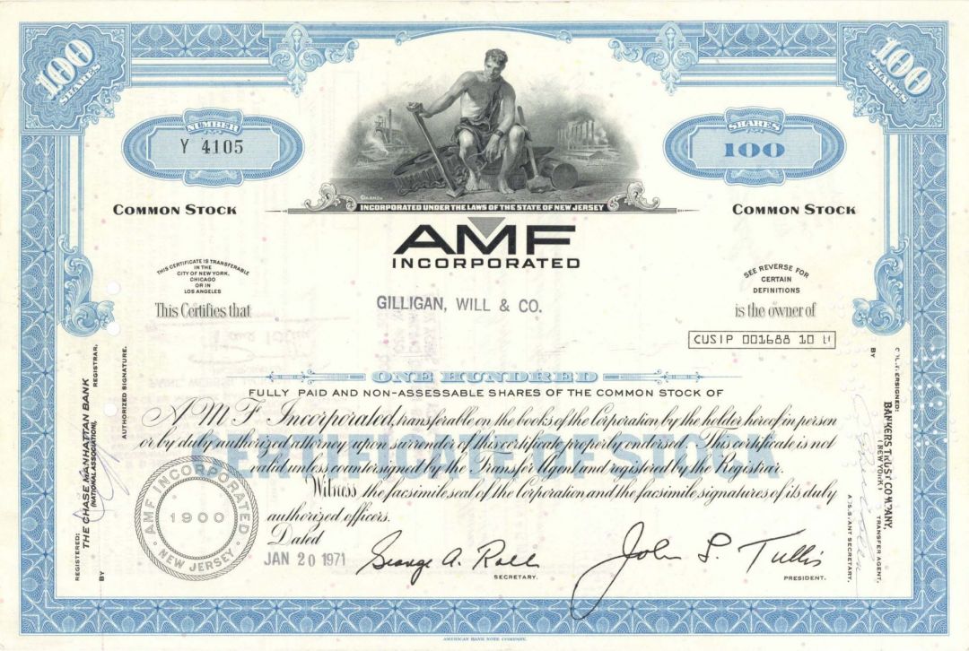 AMF Incorporated - American Machine and Foundry - Stock Certificate