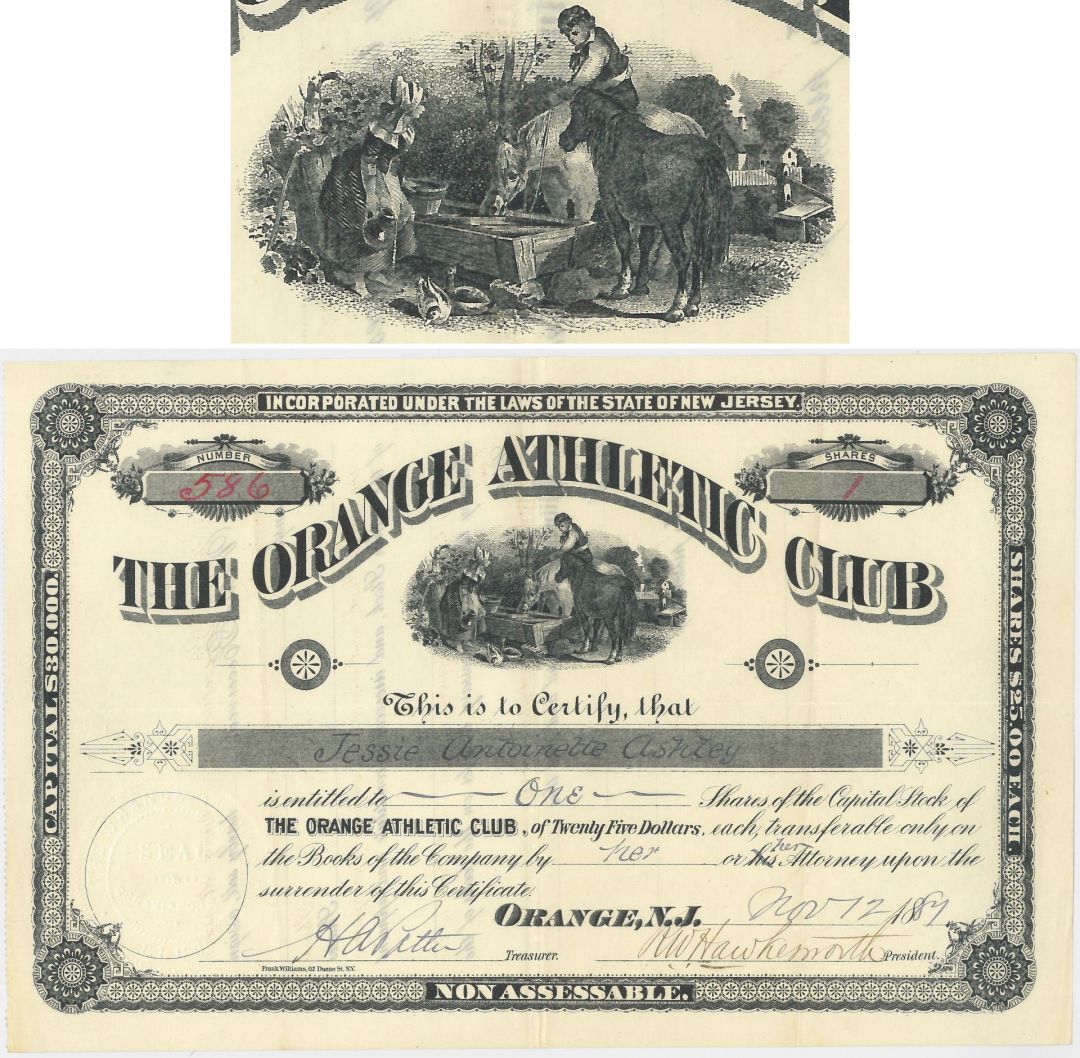 Orange Athletic Club - NFL Team aka Orange/Newark Tornadoes - 1887 dated Stock Certificate - National Football League Team