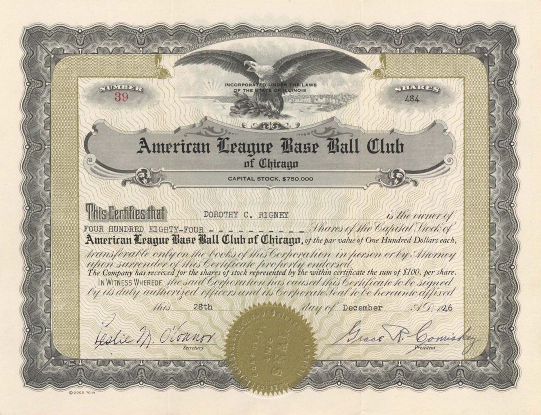 American League Base Ball Club - Stock Certificate