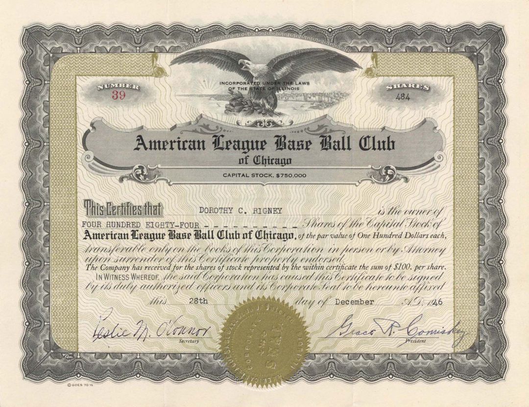 American League Base Ball Club - Stock Certificate