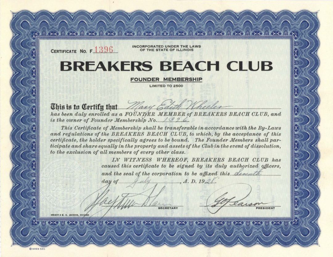 Breakers Beach Club - Membership Certificate