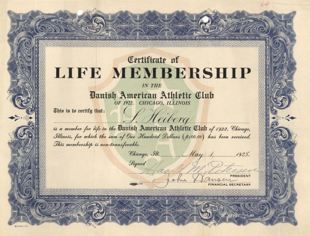 Danish American Athletic Club - Membership Certificate