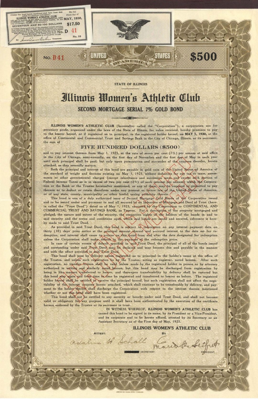 Illinois Women's Athletic Club -  $500 Bond