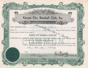 Kansas City Baseball Club, Inc. signed by E.G. Barrow - Stock Certificate