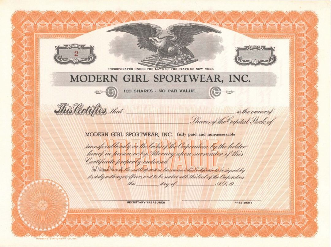 Modern Girl Sportwear, Inc. - Stock Certificate