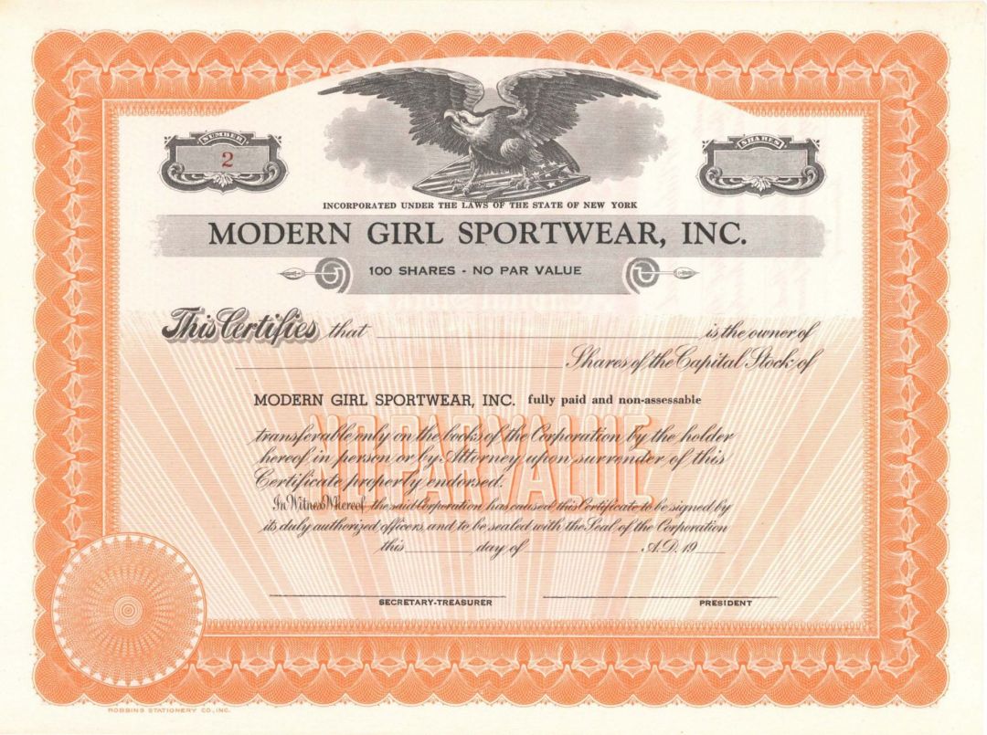 Modern Girl Sportwear, Inc. - Stock Certificate
