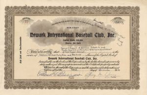 Newark International Baseball Club, Inc. Stock and related papers - Stock Certificate