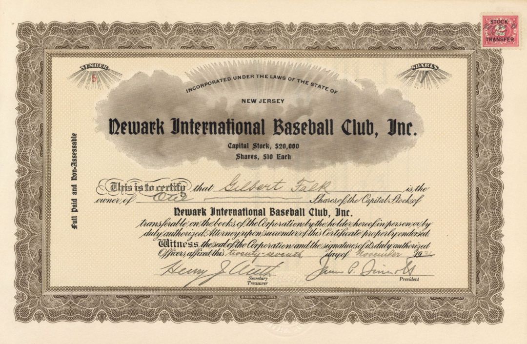 Newark International Baseball Club, Inc. - 1931 dated Stock Certificate