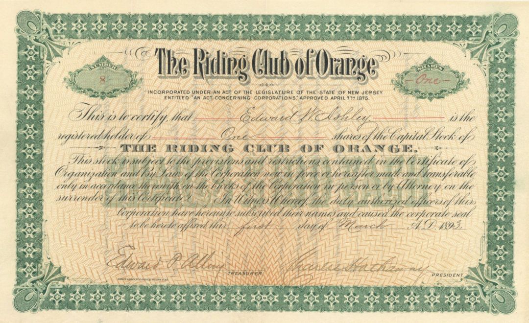 Riding Club of Orange - Stock Certificate