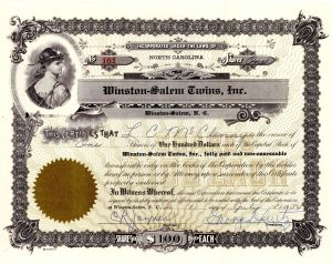 Winston-Salem Twins, Inc. - 1954 dated Stock Certificate