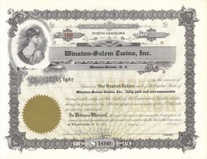 Winston-Salem Twins, Inc. - circa 1950's Unissued Base Ball Stock Certificate - North Carolina Baseball