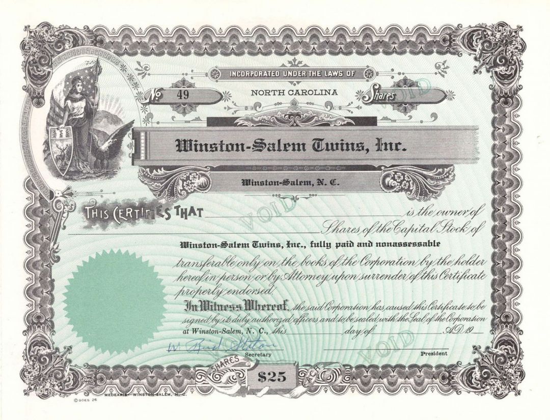 Winston-Salem Twins, Inc. - Unissued Stock Certificate