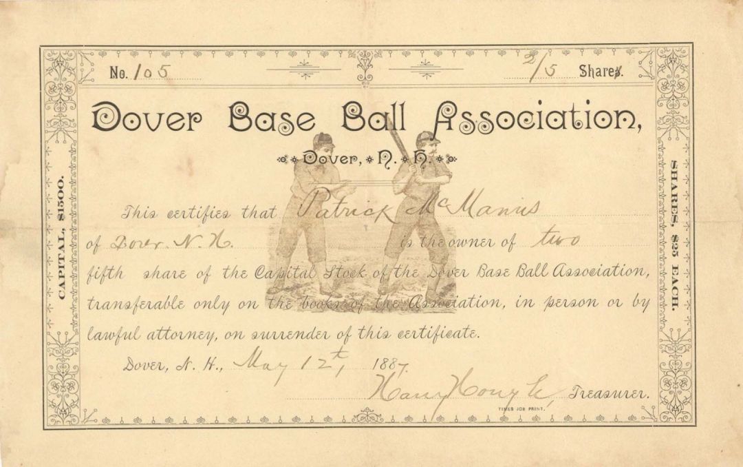 Dover Base Ball Association - Stock Certificate
