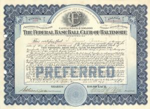 Federal Base Ball Club of Baltimore - Maryland Baseball Stock Certificate
