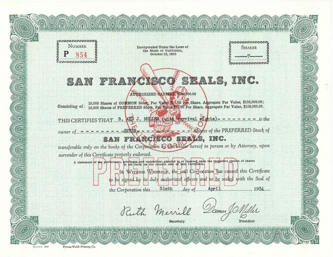 San Francisco Seals, Inc. - Stock Certificate